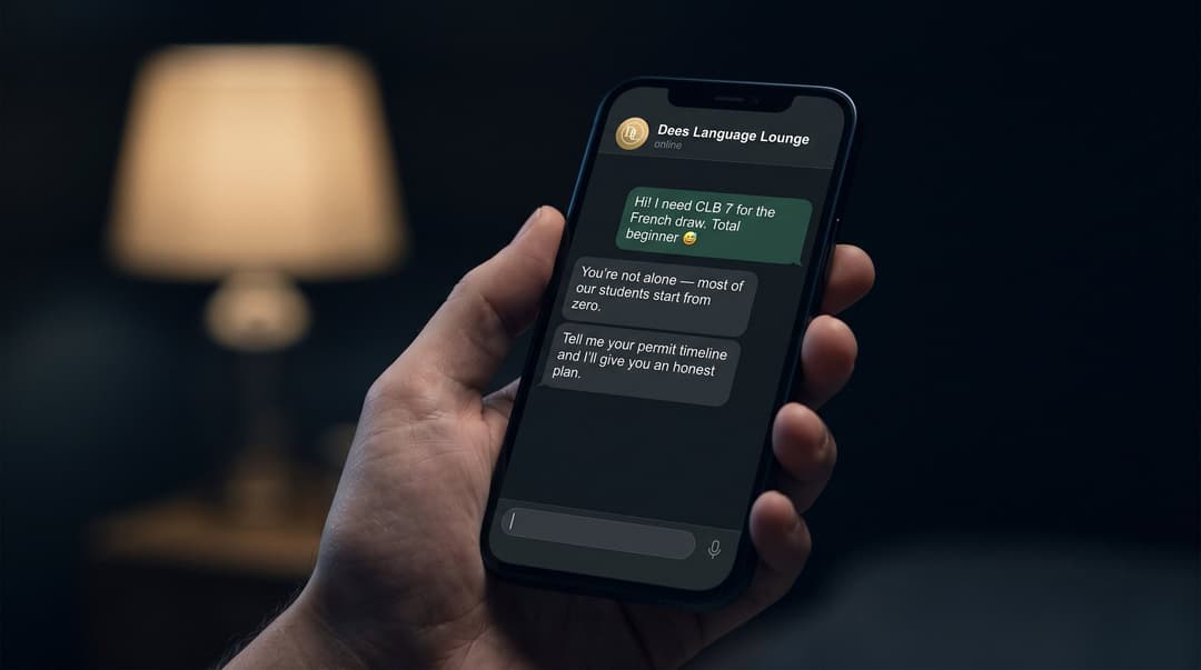 Student messaging Dees Language Lounge on WhatsApp